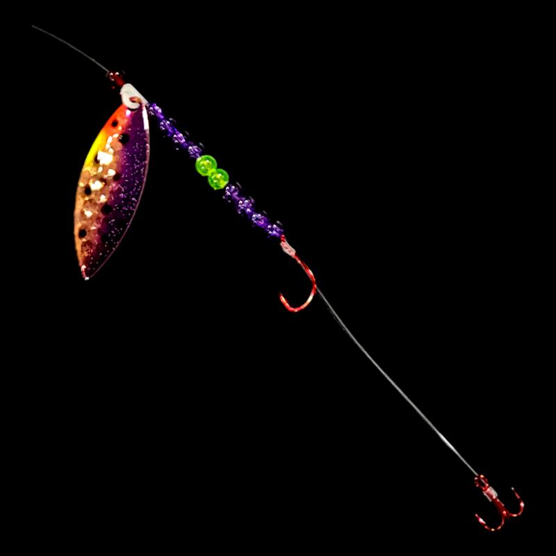 Bago Lures Purple Huckleberry Walleye Whisperer Willow Leaf Blade Crawler Harness with treble hook.