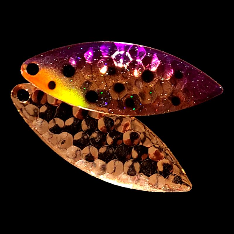 Bago Lures Purple Huckleberry Walleye Whisperer Willowleaf Spinner Blade with copper back.