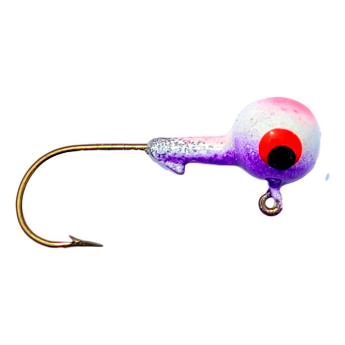 Bago Lures Purple Orange Splash Trophy Chaser Round Head Jig with bait keeper barb.