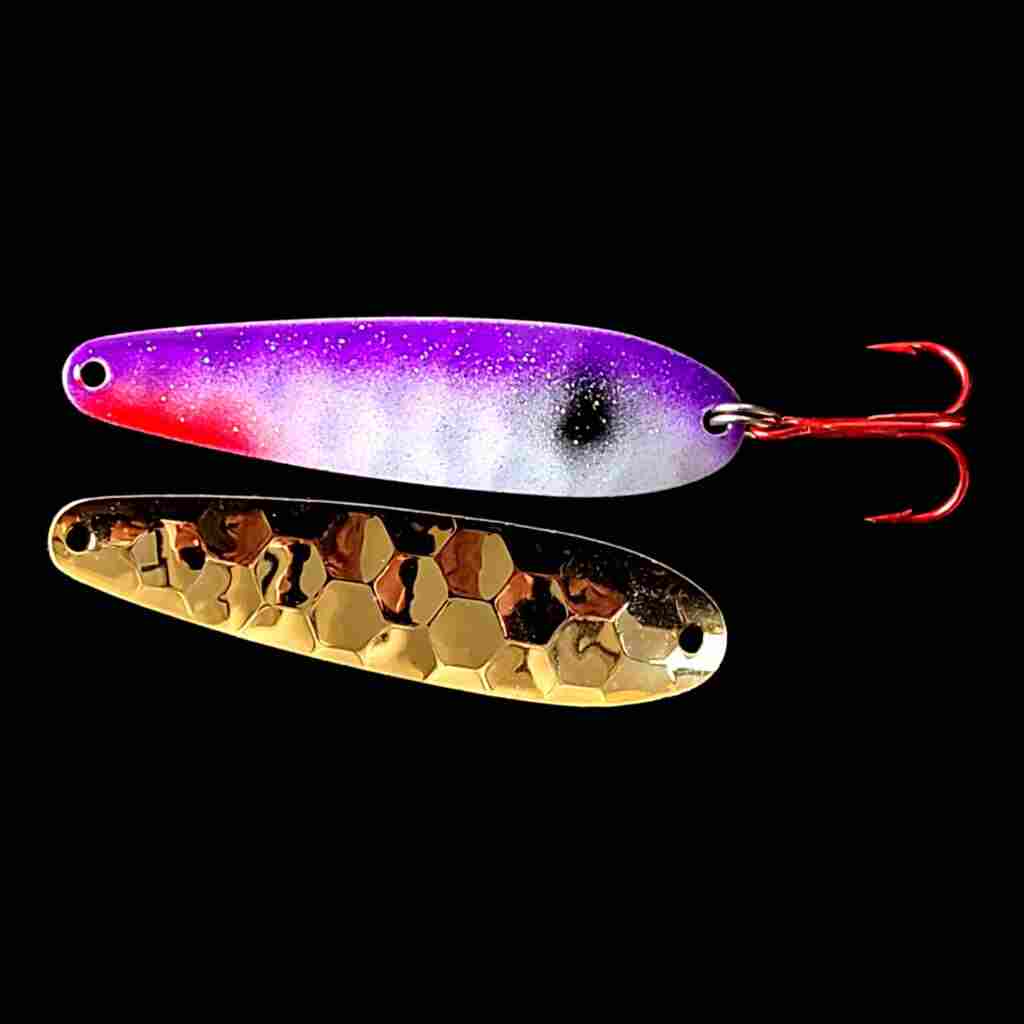 Bago Lures Purple Shad Flutter Spoon with gold back.