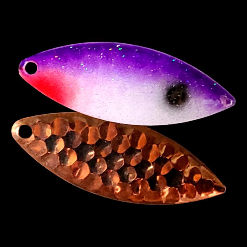 Bago Lures Purple Shad Willowleaf Spinner Blade with copper back.