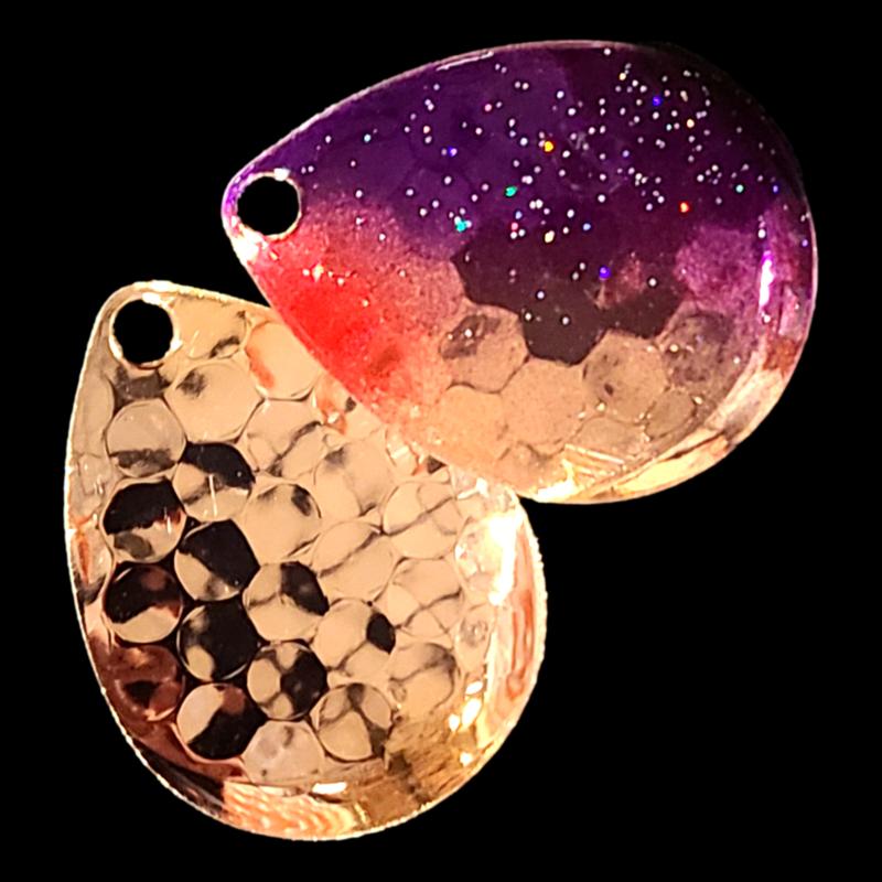 Bago Lures Purple Shiner Walleye Whisperer Deep Cup Colorado Blade with copper back.