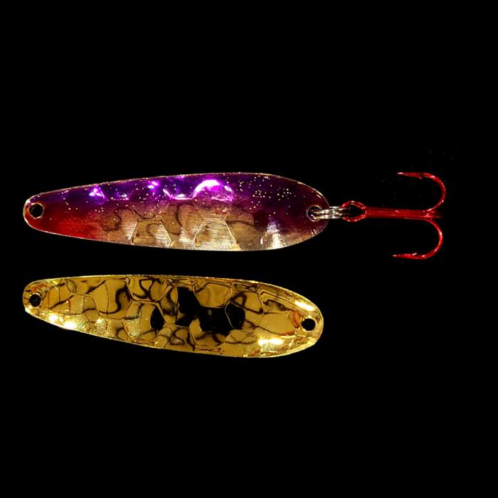 Purple Shiner Walleye Whisperer Flutter Spoon with gold back.
