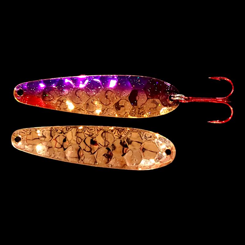 Bago Lures Purple Shiner Walleye Whisperer Flutter Spoon with copper back.