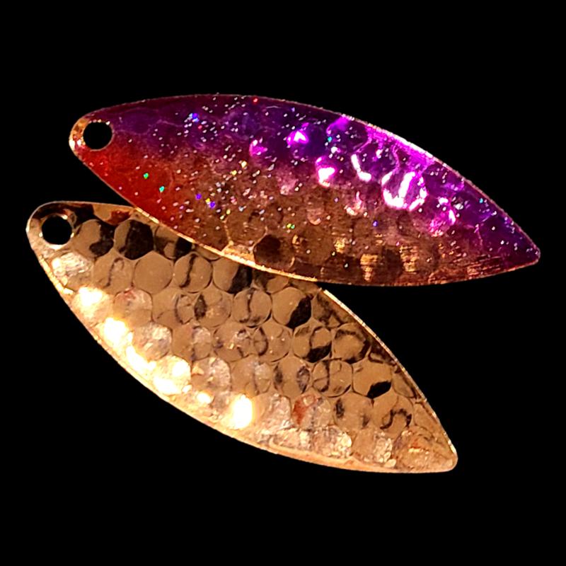 Bago Lures Purple Shiner Walleye Whisperer Willow Leaf Spinner Blade with copper back.