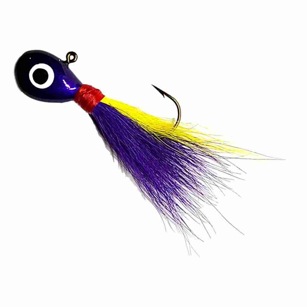 Bago Lures Purple Yellow Flat Head Bucktail Jig.