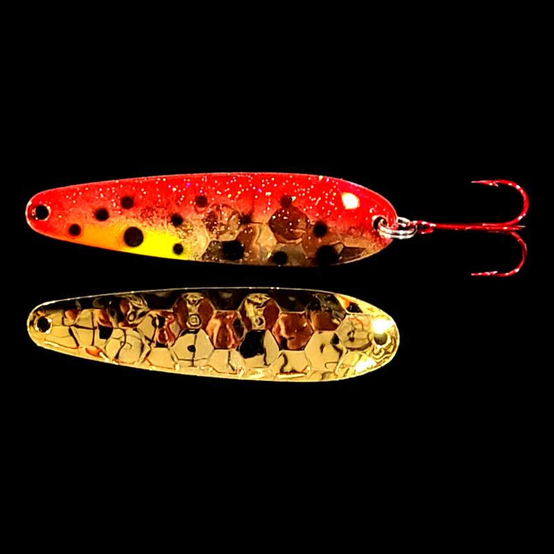 Bago Lures Red Huckleberry Walleye Whisperer Flutter Spoon with gold back.