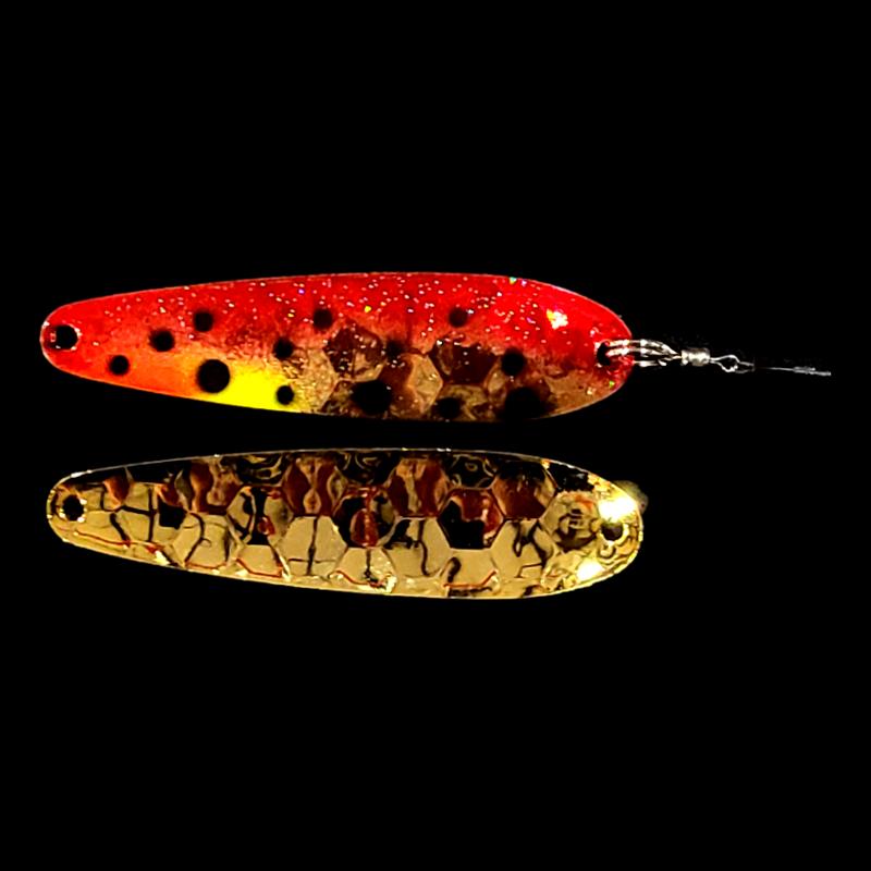 Bago Lures Red Huckleberry Slow Death Whisperer Spoon Harness with gold back.