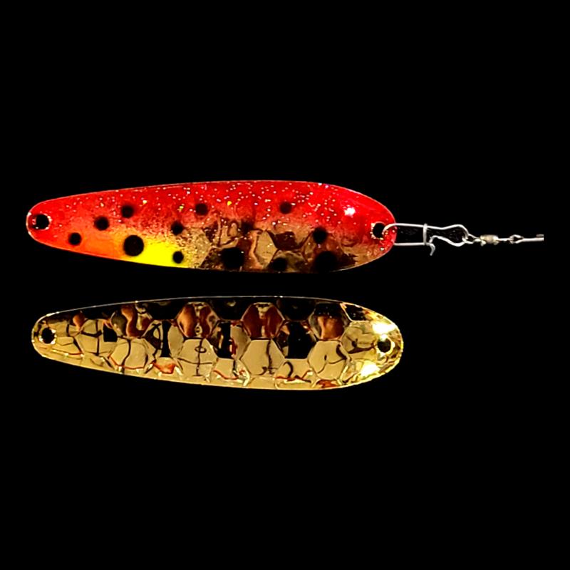 Bago Lures Red Huckleberry Crawler Dancer Spoon Harness with gold back.