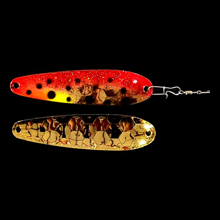 Bago Lures Red Huckleberry Crawler Dancer Spoon Harness with gold back.