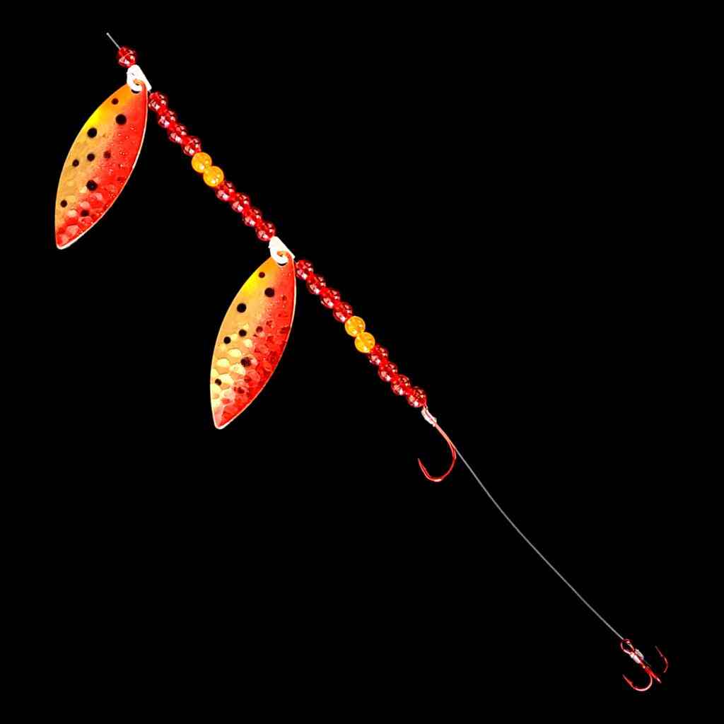 Bago Lures Red Huckleberry Tandem Willow Leaf Blade Crawler Harness with treble hook.