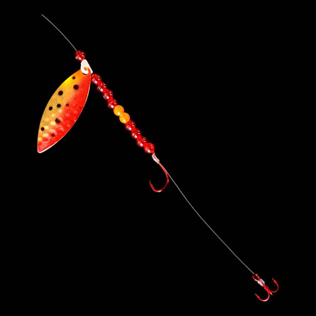 Bago Lures Red Huckleberry Willow Leaf Blade Crawler Harness with treble hook.