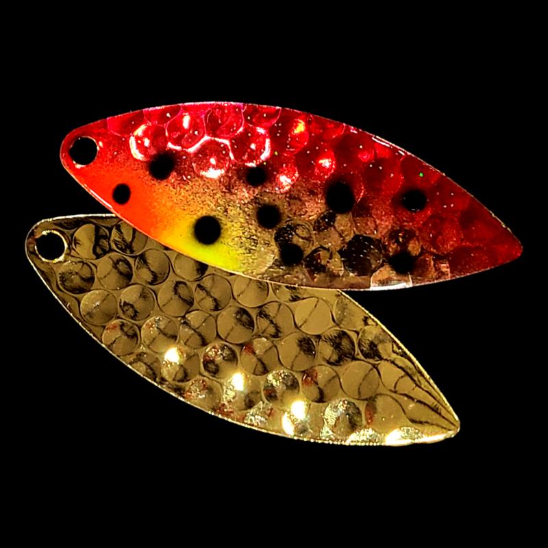 Bago Lures Red Huckleberry Walleye Whisperer Willowleaf Spinner Blade with gold back.
