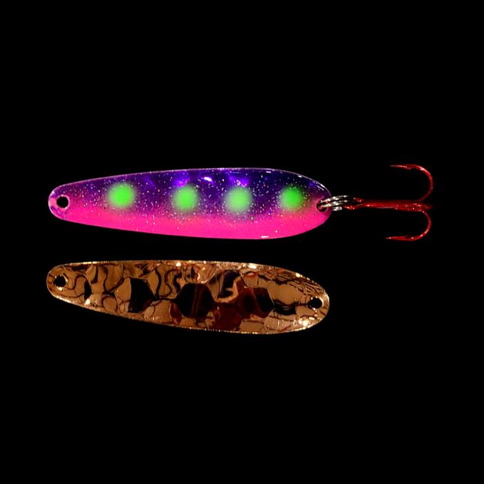 Reverse Muffin Walleye Whisperer Flutter Spoon with copper back.