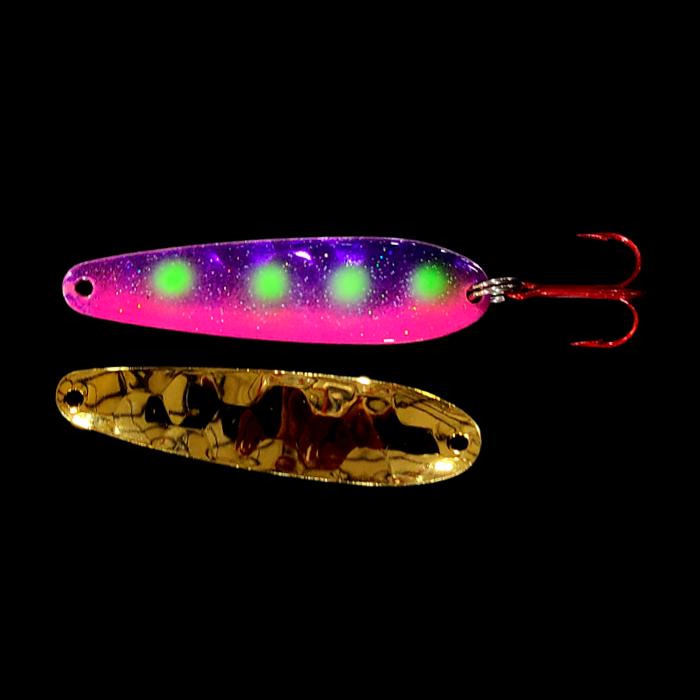 Reverse Muffin Walleye Whisperer Flutter Spoon with gold back.