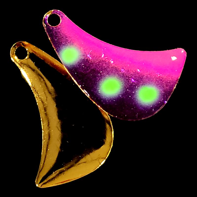 Bago Lures Reverse Muffin Hatchet Spinner Blade with gold back.