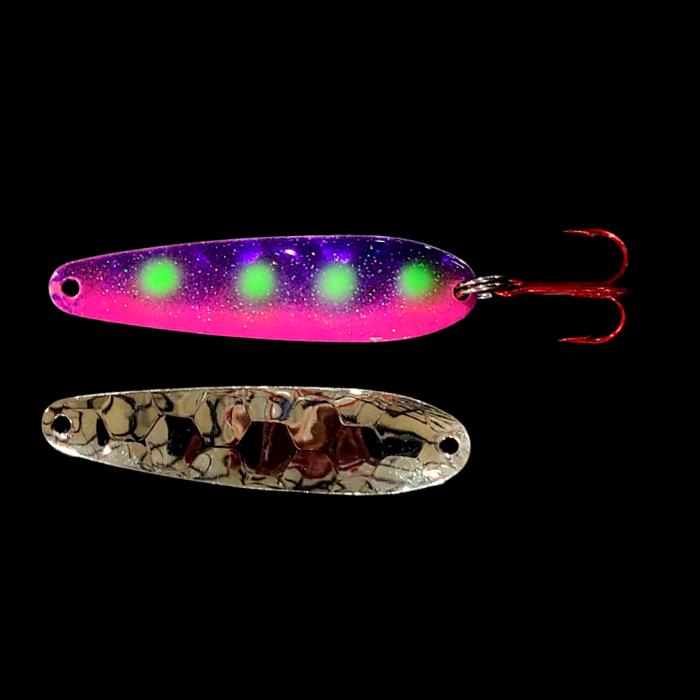 Reverse Muffin Walleye Whisperer Flutter Spoon with silver back.