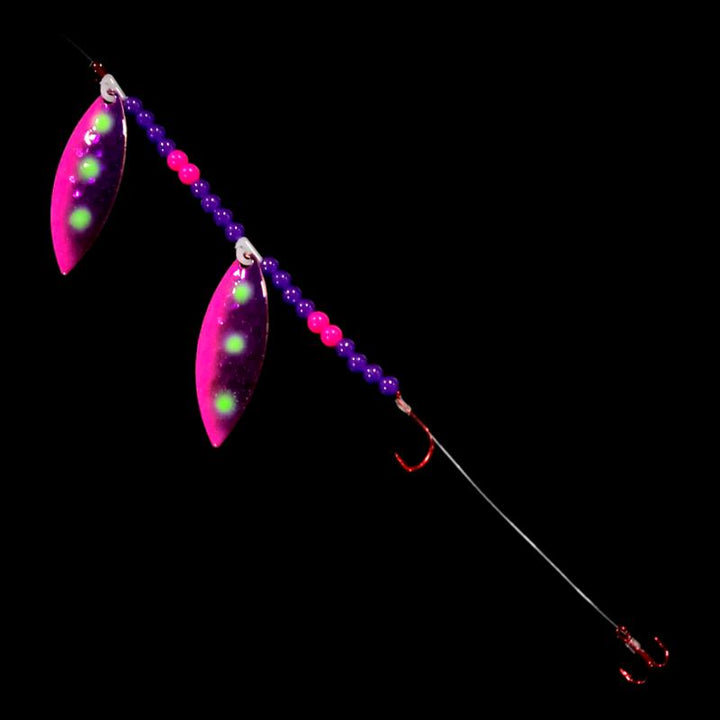 Bago Lures Reverse Muffin Tandem Willow Leaf Blade Crawler Harness with treble hook.