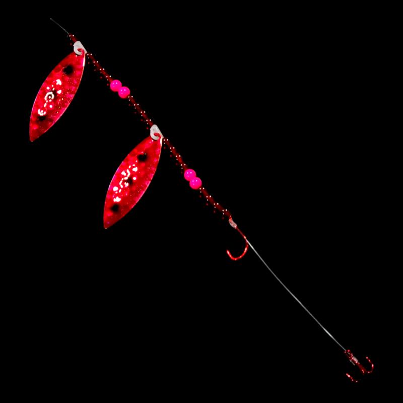 Bago Lures Shrimp Walleye Whisperer Tandem Willow Leaf Blade Crawler Harness with treble hook.