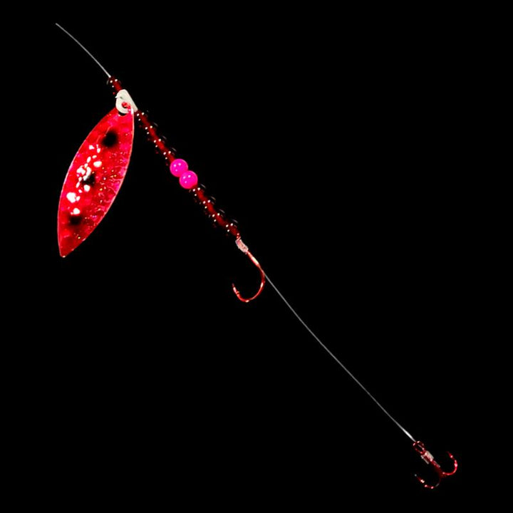 Bago Lures Shrimp Walleye Whisperer Willow Leaf Blade Crawler Harness with treble hook.