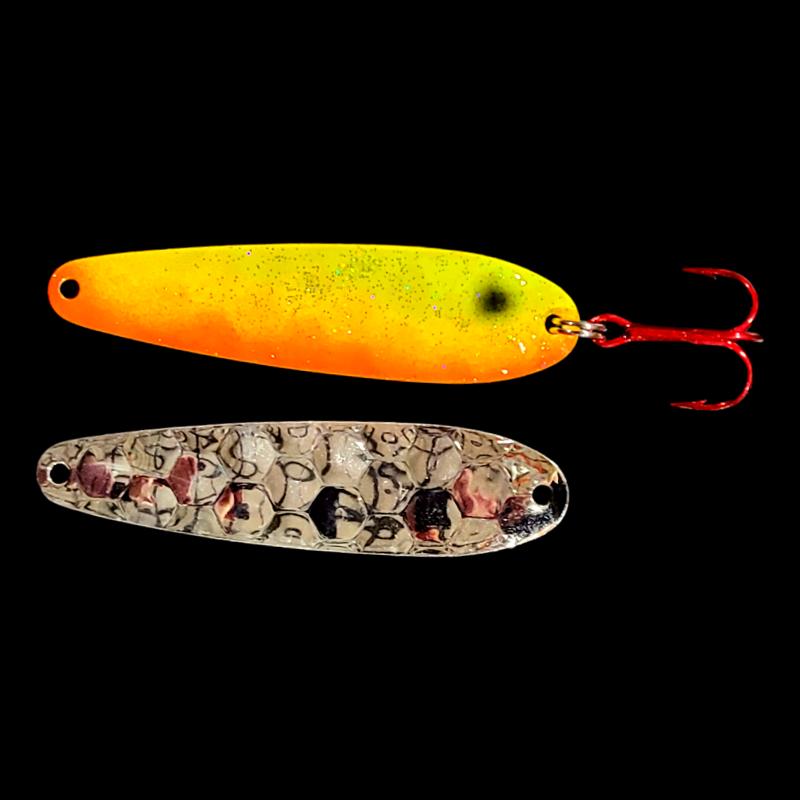 Bago Lures Sunrise Walleye Whisperer Flutter Spoon with silver back.