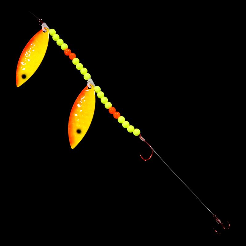 Bago Lures Sunrise Walleye Whisperer Tandem Willow Leaf Blade Crawler Harness with treble hook.