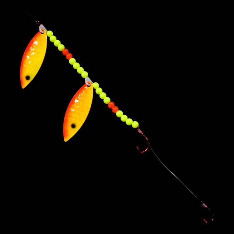 Bago Lures Sunrise Walleye Whisperer Tandem Willow Leaf Blade Crawler Harness.