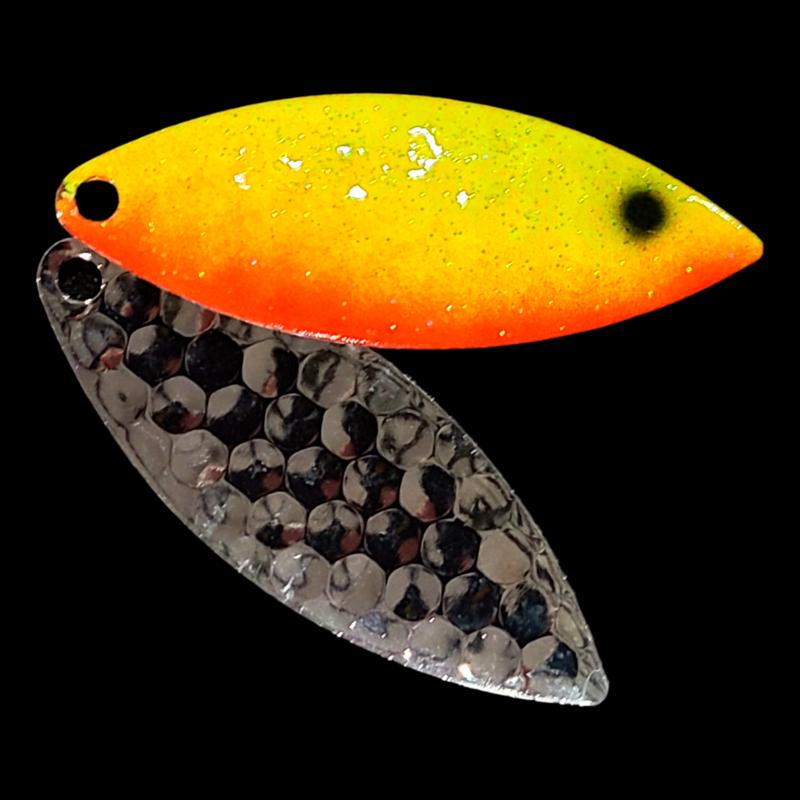 Bago Lures Sunrise Walleye Whisperer Willowleaf Blade with silver back.