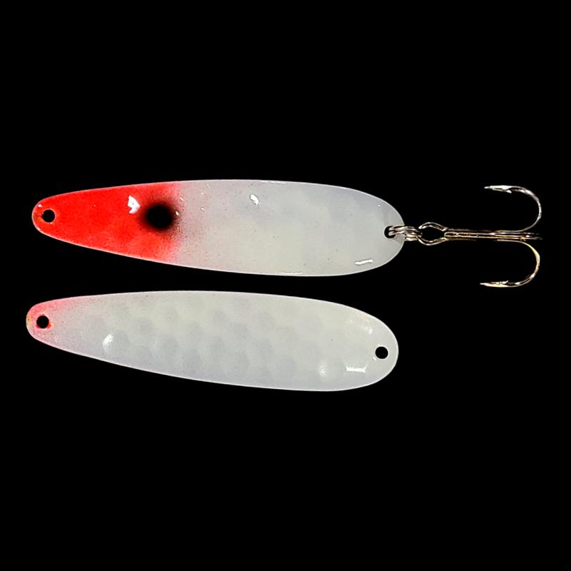 Bago Lures Super Glow Bloody Nose Salmon Whisperer Trolling Spoon with super glow white back.