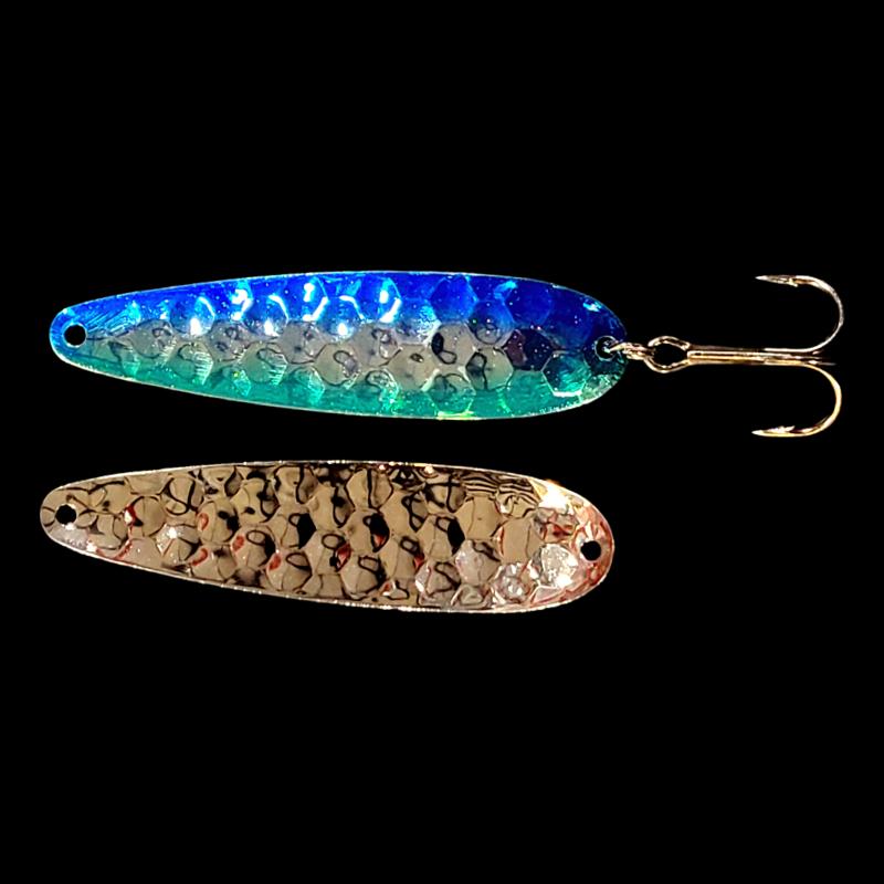 Bago Lures Double UV Blue Dolphin Salmon Whisperer Trolling Spoon with silver back.