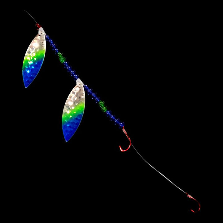 Bago Lures Double UV Blue Flash Walleye Whisperer Tandem Willow Leaf Blade Crawler Harness.