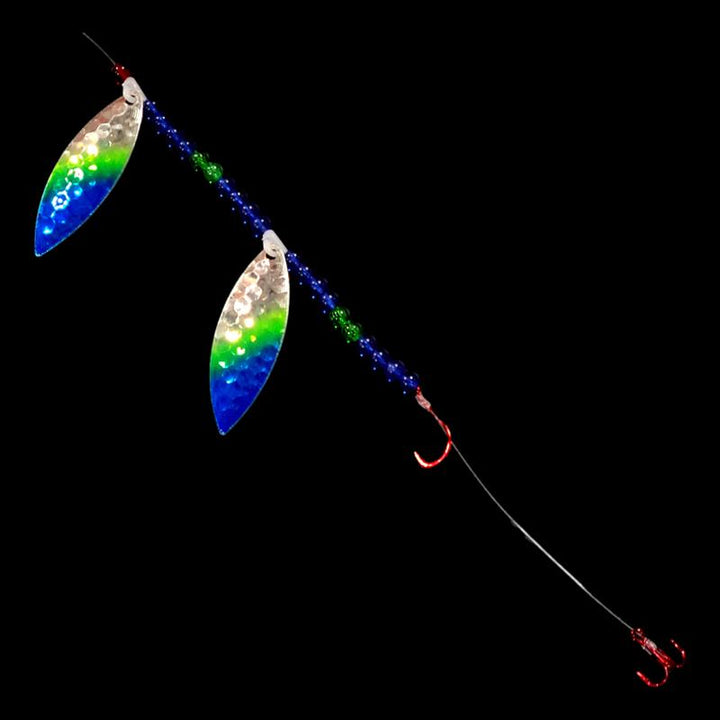 Bago Lures Double UV Blue Flash Walleye Whisperer Tandem Willow Leaf Blade Crawler Harness with treble hook.