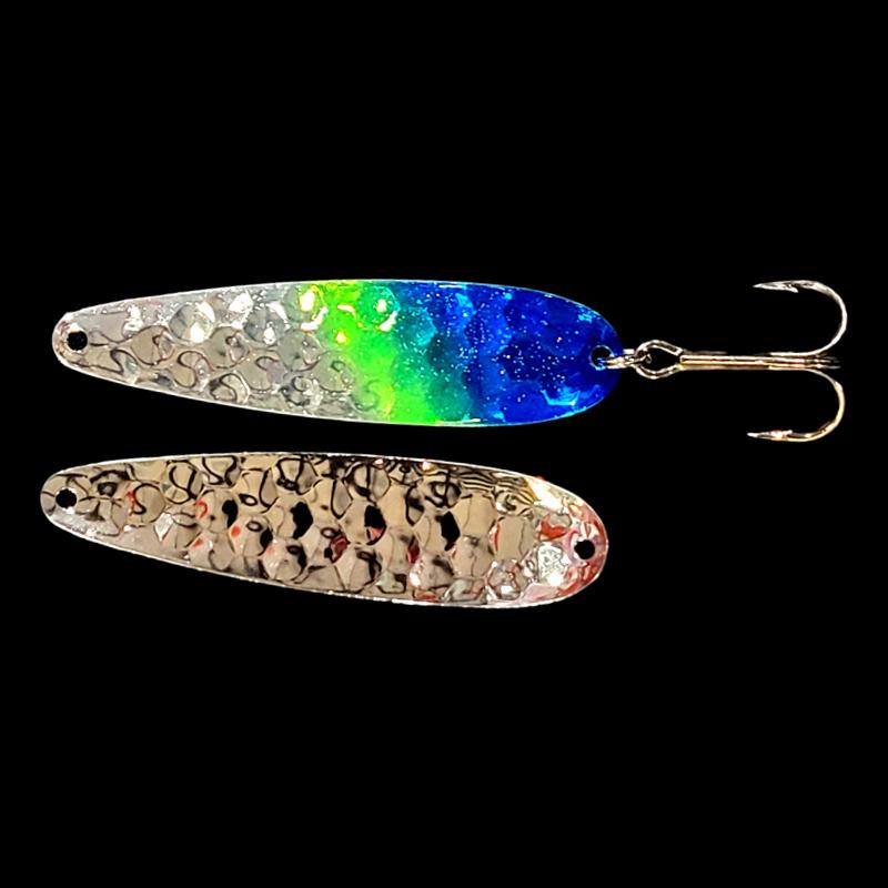 Bago Lures Double UV Blue Flash Salmon Whisperer Trolling Spoon with silver back.