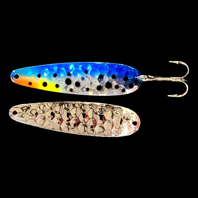 Bago Lures Double UV Blue Huckleberry Salmon Whisperer Trolling Spoon with silver back.