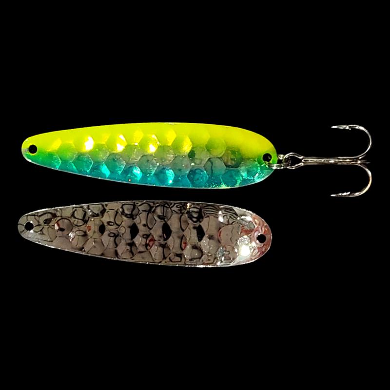 Bago Lures Double UV Green Dolphin Salmon Trolling Spoon with silver back.