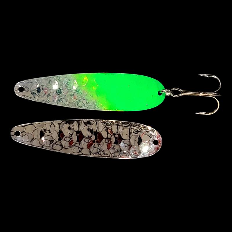 Bago Lures Double UV Green Flash Salmon Whisperer Trolling Spoon with silver back.