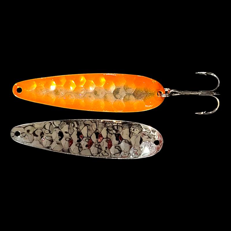 Bago Lures Double UV Orange Crush Salmon Whisperer Trolling Spoon with silver back.