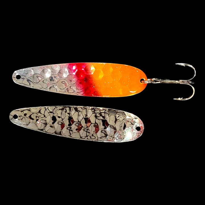 Bago Lures Double UV Orange Flash Salmon Whisperer Trolling Spoon with silver back.