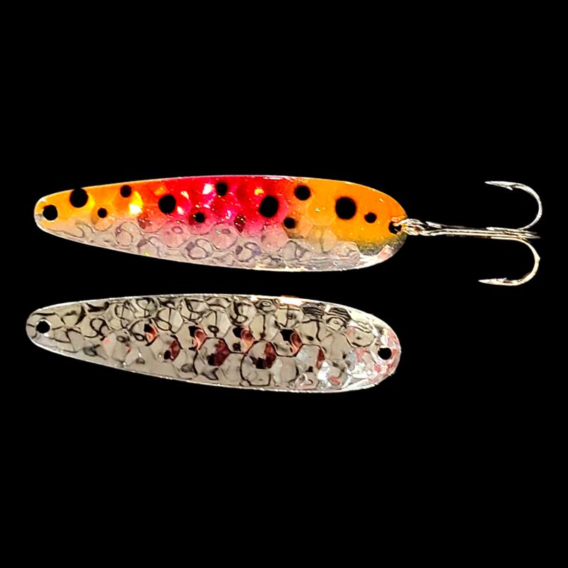 Bago Lures Double UV Orange Froggy Salmon Whisperer Trolling Spoon with silver back.