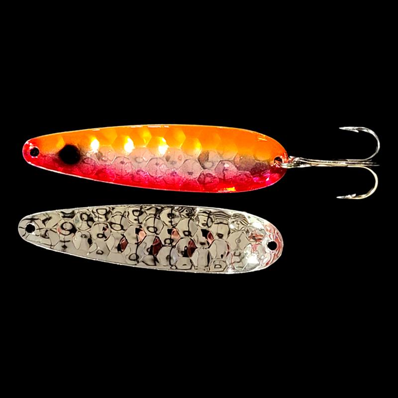 Bago Lures Double UV Orange Red Crush Salmon Whisperer Trolling Spoon with silver back.
