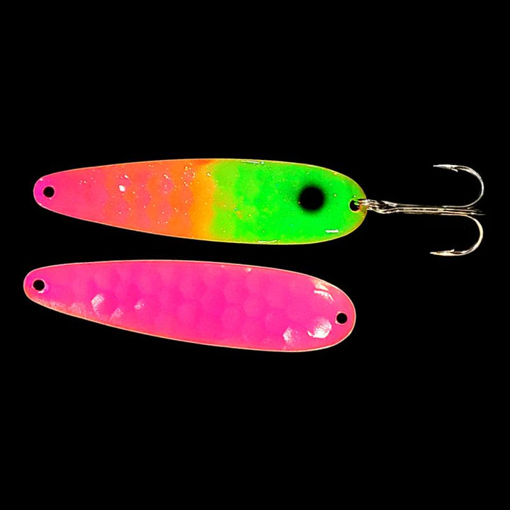Bago Lures Double UV Pink Lime Attack Salmon Whisperer Trolling Spoon with UV pink back.