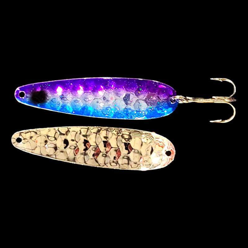 Bago Lures Double UV Purple Blue Crush Salmon Whisperer Trolling Spoon with silver back.