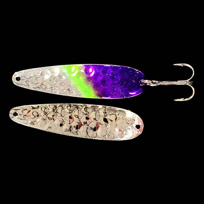Bago Lures Double UV Purple Flash Salmon Whisperer Trolling Spoon with silver back.