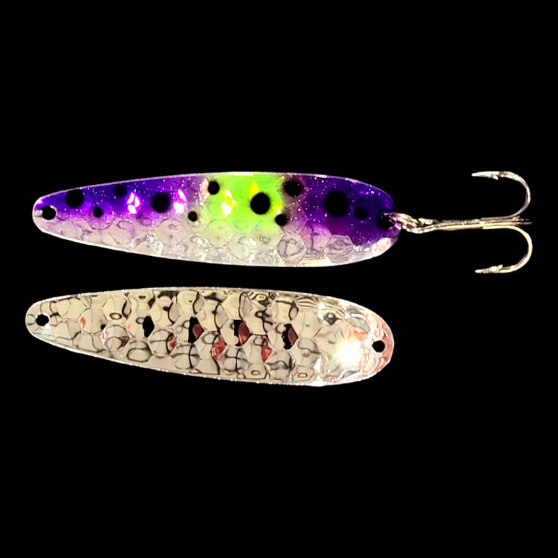 Bago Lures Double UV Purple Froggy Salmon Whisperer Trolling Spoon with silver back.