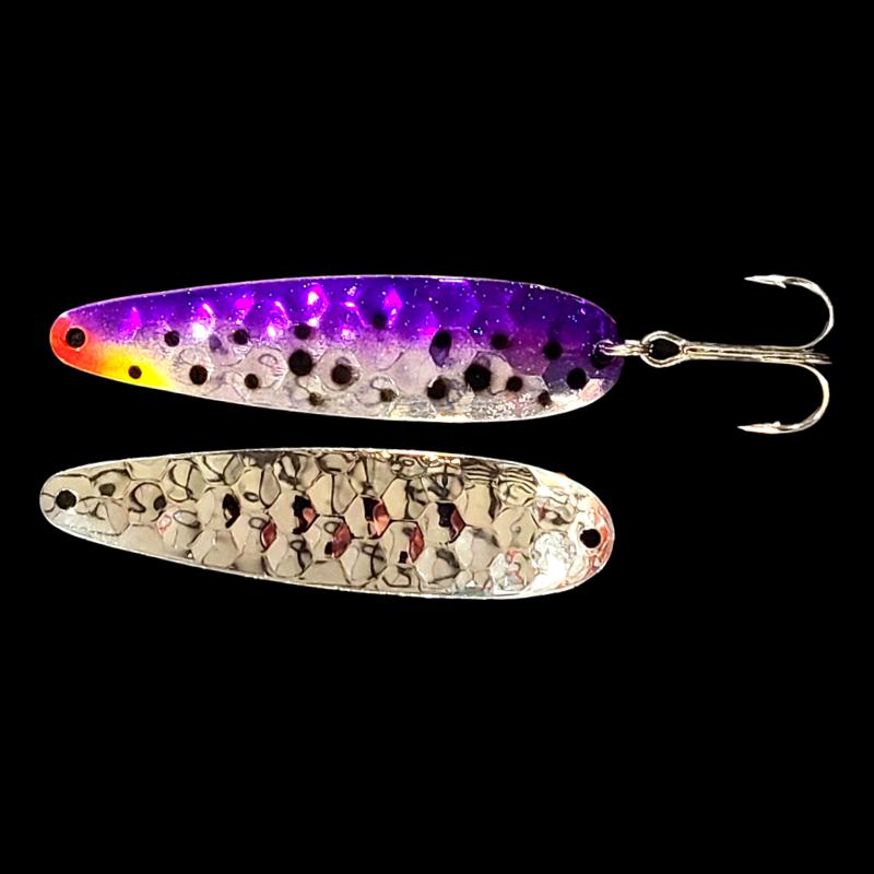 Bago Lures Double UV Purple Huckleberry Salmon Whisperer Trolling Spoon with silver back.