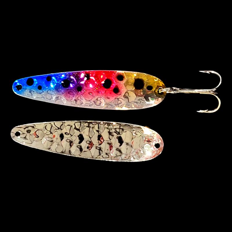 Bago Lures Double UV Superman Froggy Salmon Whisperer Trolling Spoon with silver back.
