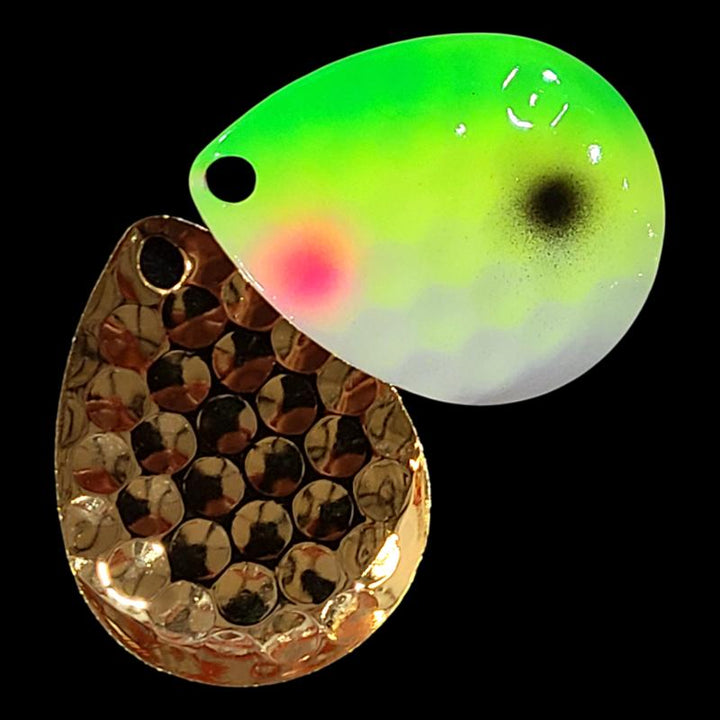 Bago Lures Yellowtail Walleye Whisperer Deep Cup Colorado blade with gold back.