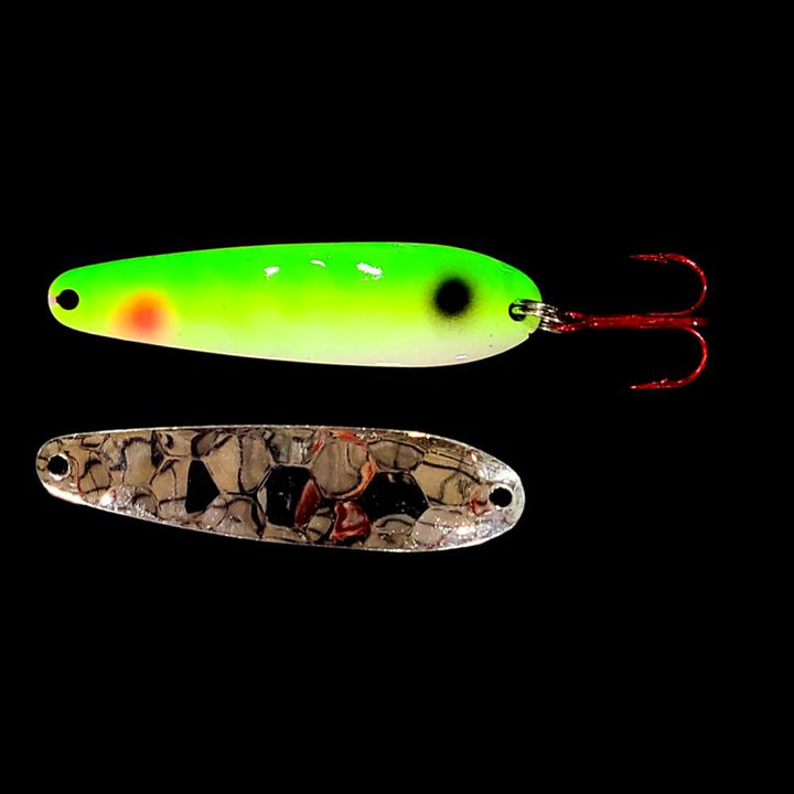 Bago Lures Yellowtail Walleye Whisperer Flutter Spoon with silver back.
