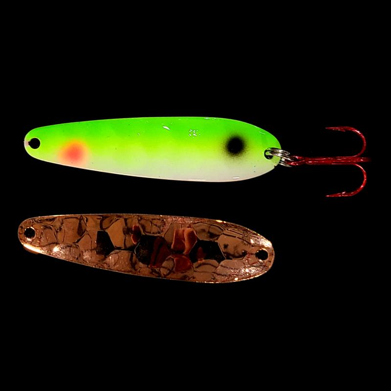Bago Lures Yellowtail Walleye Whisperer Flutter Spoon with copper back.