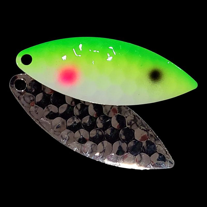 Bago Lures Yellowtail Walleye Whisperer Willowleaf Spinner Blade with silver back.